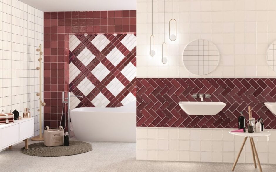 Image of a neutral white bathroom with accent red colours using Glamour Dark Red Subway Wall Tiles