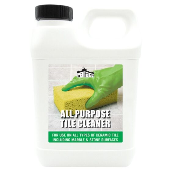 Product shot of a white plastic bottle of tile cleaner with a black lid