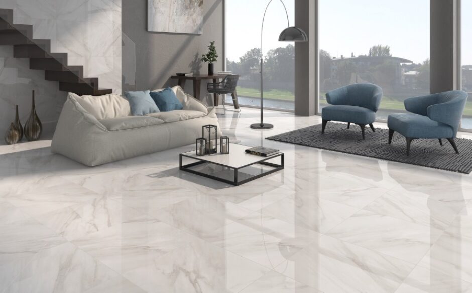 Calacatta White Gloss Floor Tiles - Grey Vein Design
