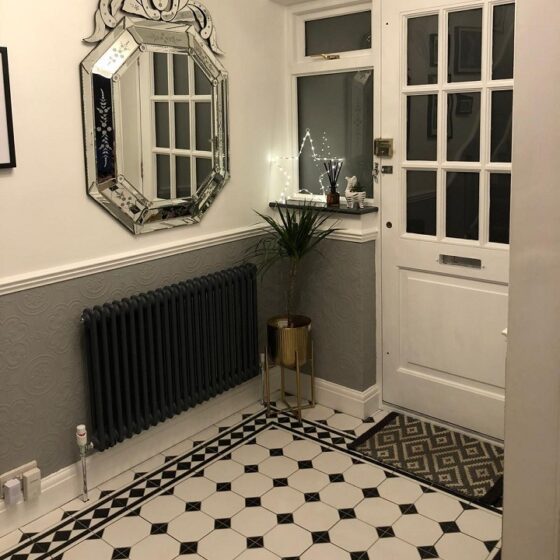 Customer hallway with Regent Victorian style black and white tiles