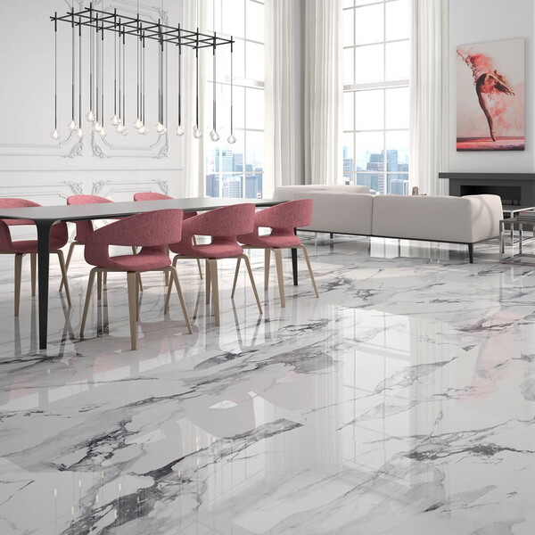 Rectified Tiles In Plain And Marble, White Tiles With Grey Marble Effect