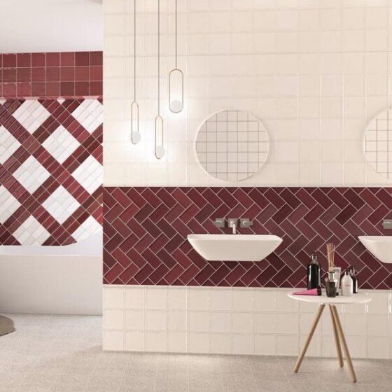 Dark Red Tiles Subway Wall, Red And White Ceramic Floor Tiles