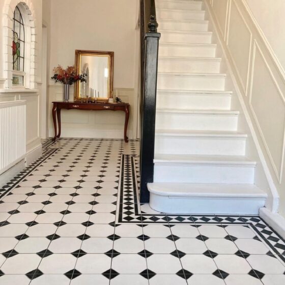 Regent Black and White period tiles in an elegant hallway - Edwardian Elements
