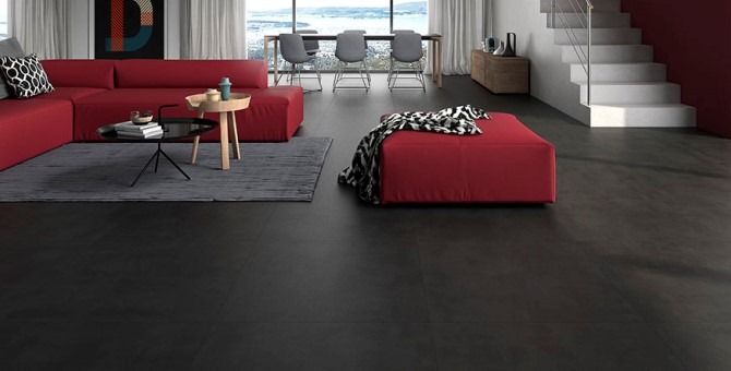 Plain black floor tiles in gloss or matt finish