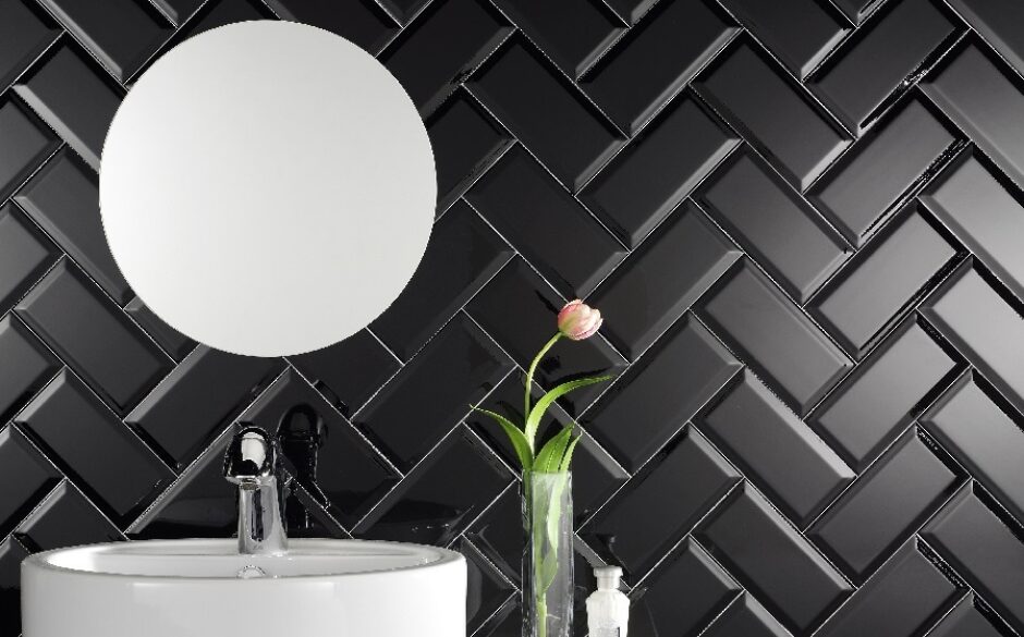 Black and White Bathrooms - Black Metro Herringbone Tiles