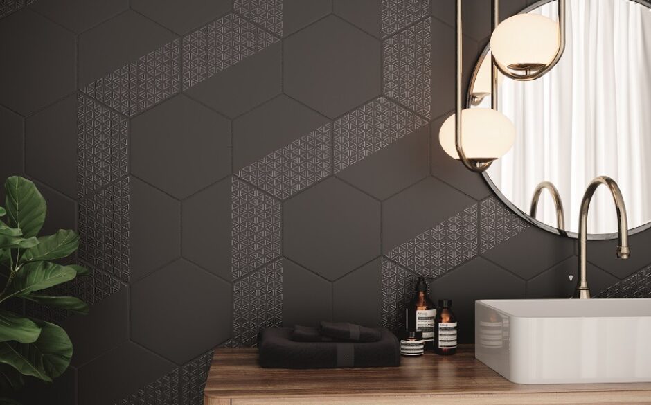 Black Tile Bathroom - Opal Black Hexagon Tiles