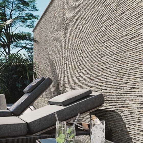 Iguazu Grey Outdoor Decorative TilesTextured Stone Effect Wall Tiles - Room Setting