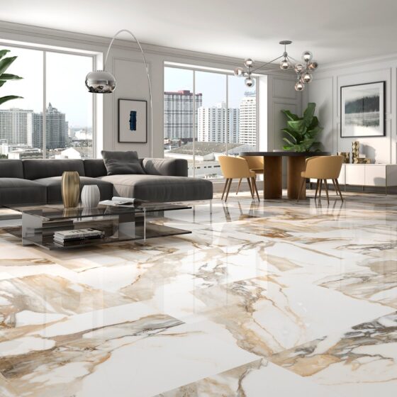 Valeria Gold Marble Effect Floor Tiles - Room Setting