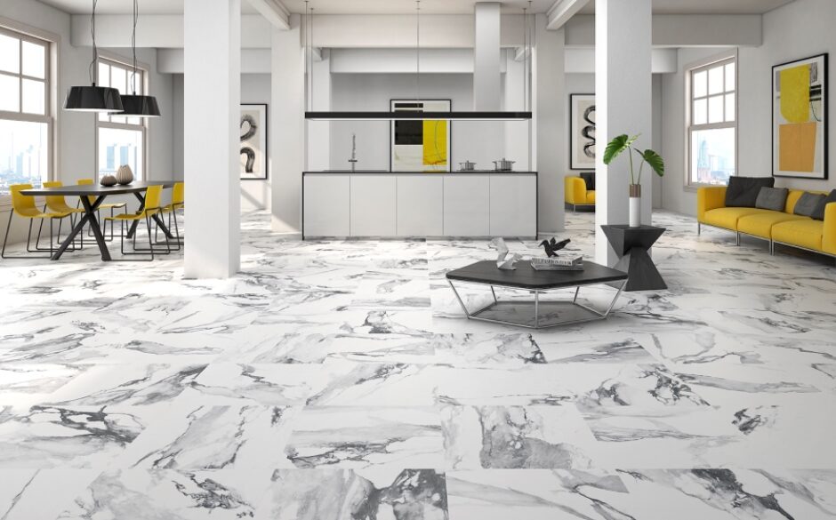 Revan Matt Large Marble Effect Floor Tiles in Silver