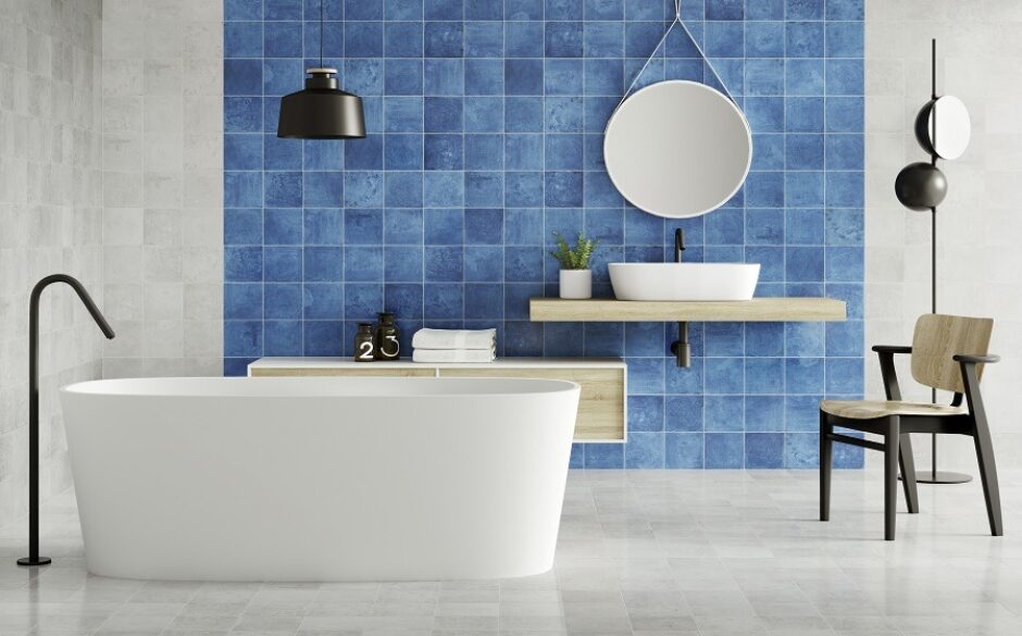 Blue Zellige Tiles in Bathroom with White Accessories