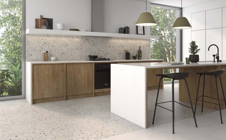 Doria Greige Terrazzo Tiles in kitchen