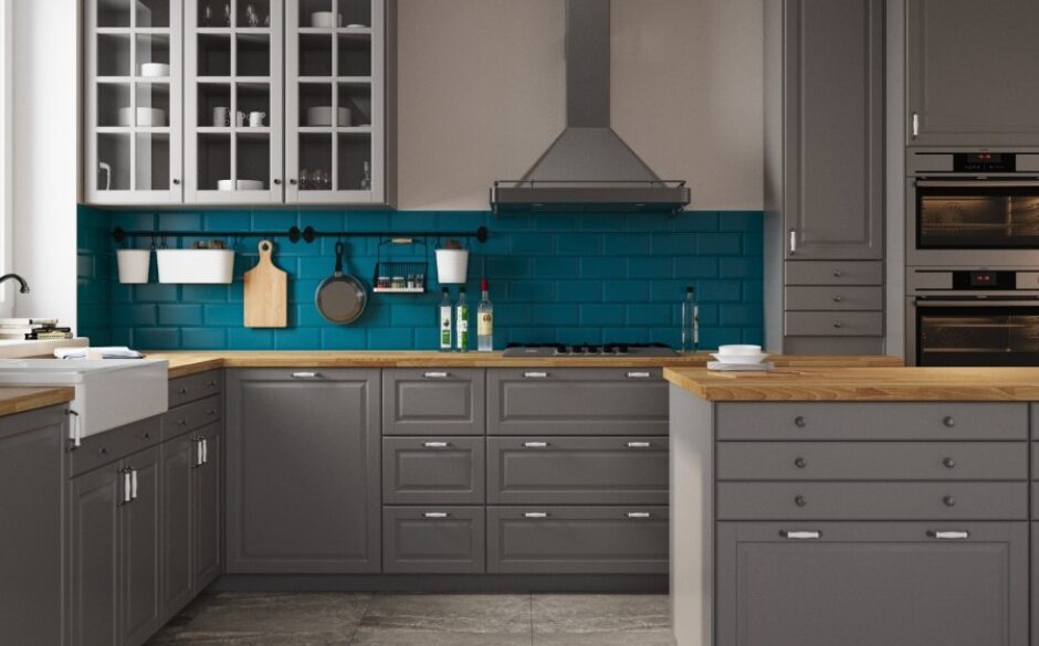Image of a kitchen with grey furnishings and Aqua Blue Metro style tiles on the main wall
