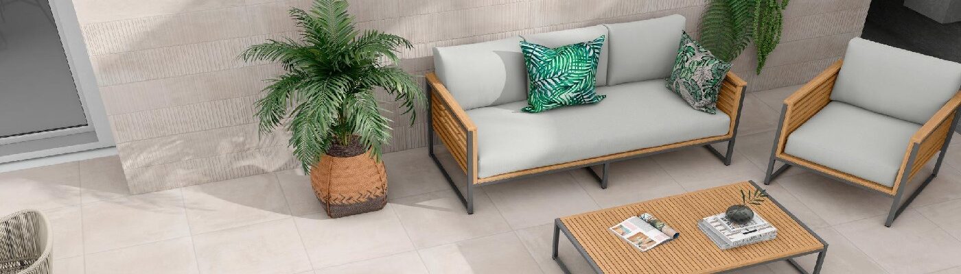Garden Patio Ideas - Essen Ash tiles in a patio setting with sofa, chairs and plants
