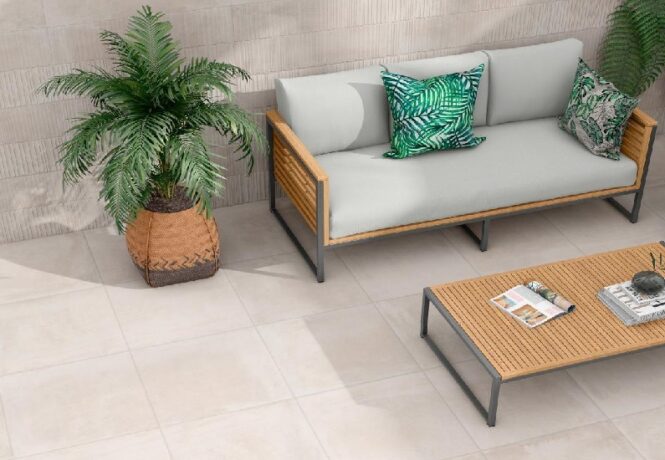 Garden Patio Ideas - Essen Ash tiles in a patio setting with sofa, chairs and plants
