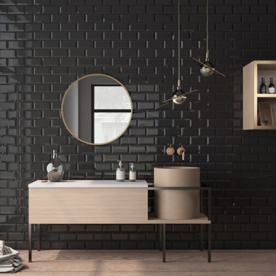 Bevelled Mini Black Ceramic Tiles - Gloss - Room Setting
