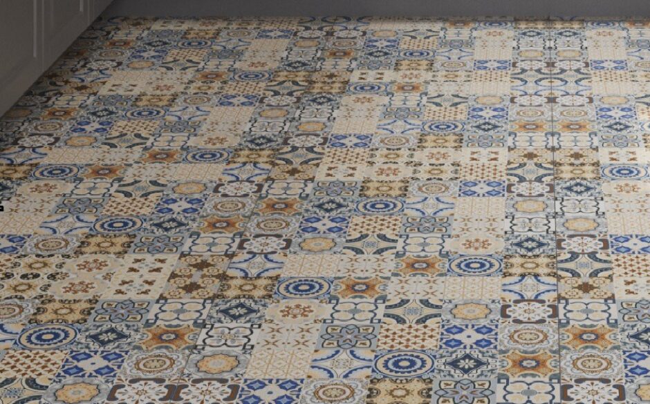 Beautiful Moroccan pattern tiles in shades of blue, amber, white and brown.