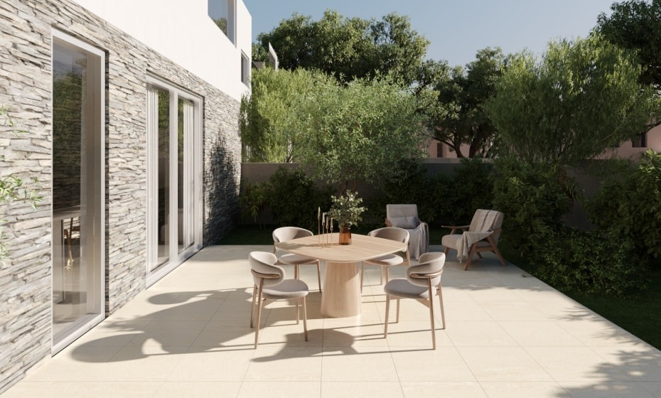 Quartz White 20mm Outside Floor Tiles with a neutral beige palette used for the outdoor furniture such as chairs and a table