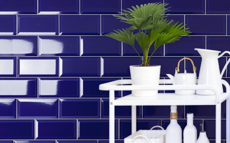 Photo of dark victorian blue tiles with a plant standing on a table to the right of the photo.