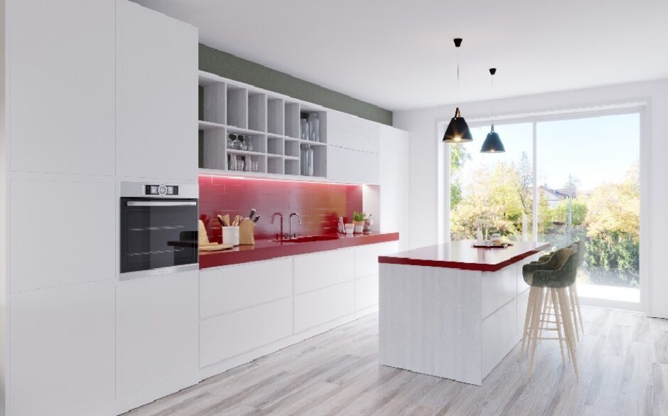 Modern kitchen with white units and a vibrant red splashback