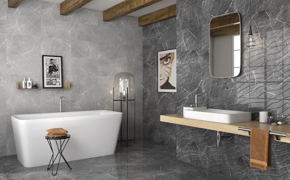 Grey bathroom with exposed wooden beams