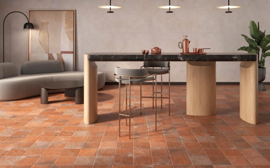 Rustic red terracotta tiles in a kitchen setting
