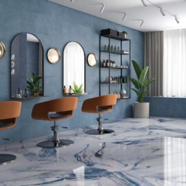 Eleganze Light Blue Bathroom Tiles - beautiful salon setting with blue walls and blur marble floor tiles