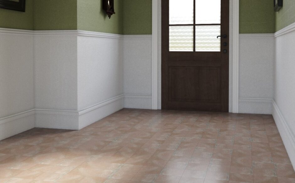 Photo of a hallway with Rustic Siena Terracotta Flooring and olive green accents on the walls
