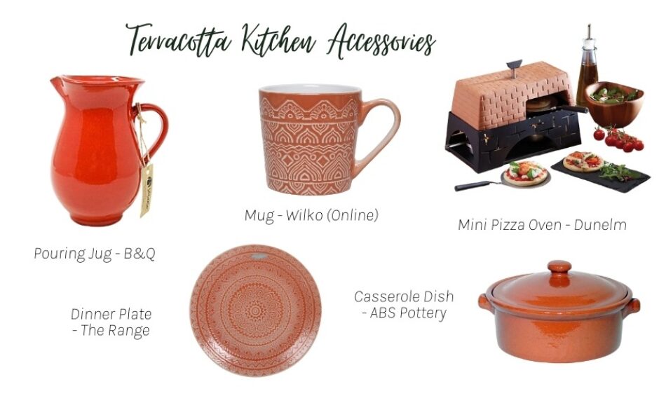 Moodboard showing different ways of introducing terracotta accessories into homes, including a vase, plate, mug, pizza oven and casserole dish