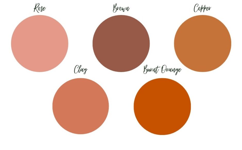 Shades of terracotta including rose, brown, copper, clay and burnt orange.