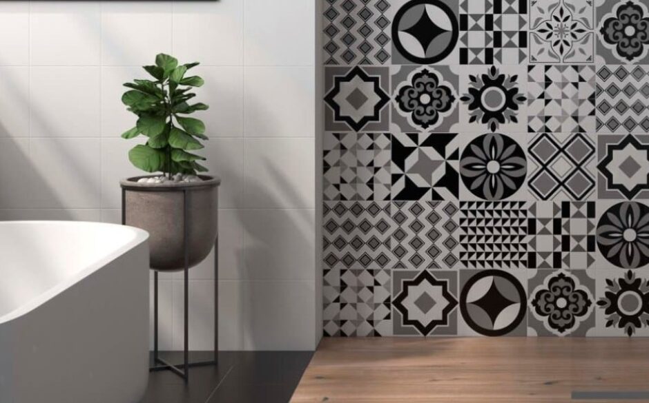 Photo of a patterned wall accent using Art Mugat Black Small Square Tiles inside a shower.
