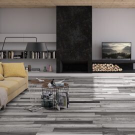 Luxent Loft Grey Wood Tiles in a living room setting