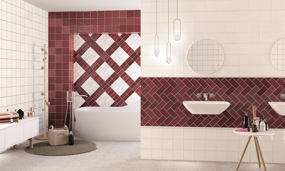 Image of a neutral white bathroom with accent red colours using Glamour Dark Red Subway Wall Tiles