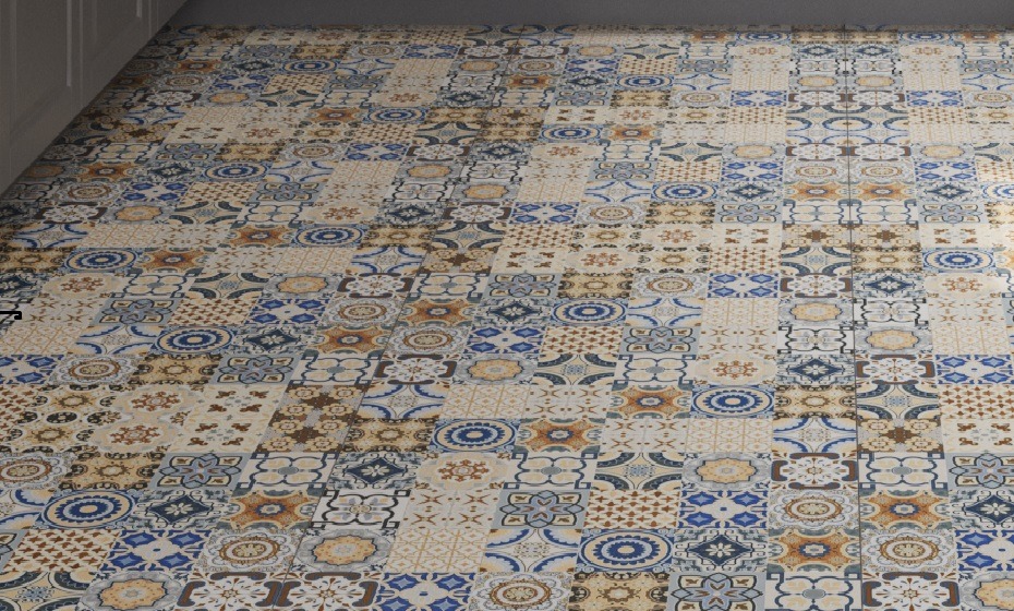 Beautiful Moroccan pattern tiles in shades of blue, amber, white and brown.