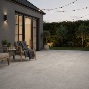 kandala grey outdoor tiles in an evening setting from direct tile warehouse